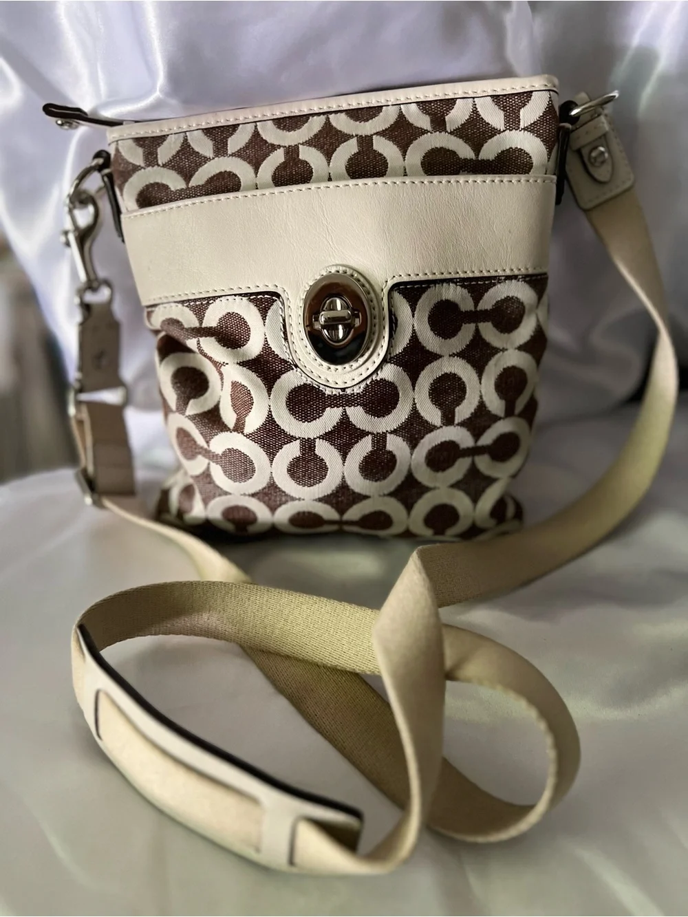 Coach Cream and Brown Signature Turn-Lock Crossbody